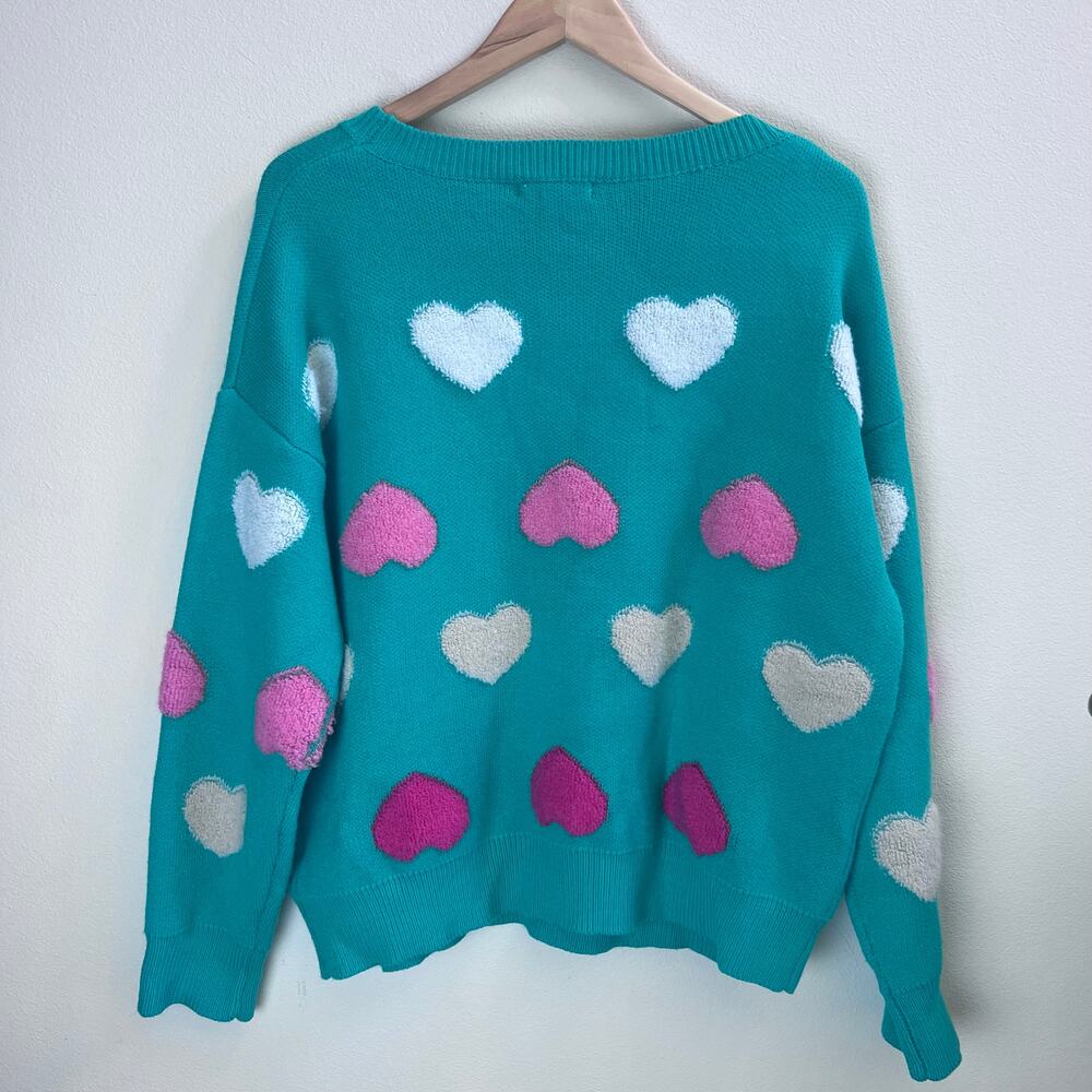 Green Casual Women's Heart Pattern Crew Neck Drop Shoulder Sweater Size M/L - Picture 2 of 7